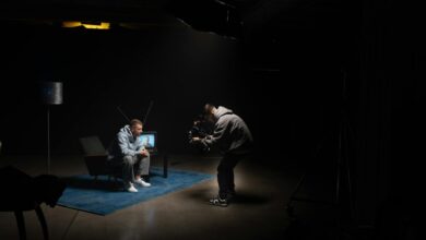 Empty television studio with professional lighting and camera equipment