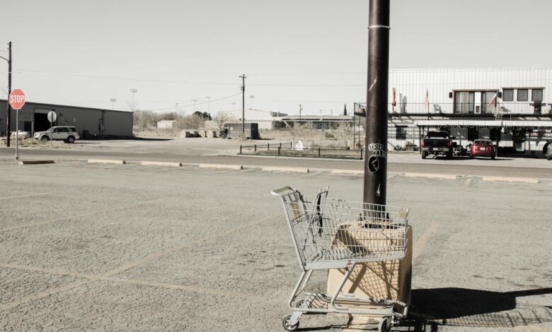 Grocery store parking lot with designated pickup spaces for online orders