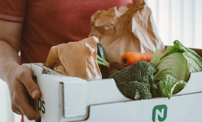 Person holding grocery bags at front door after delivery