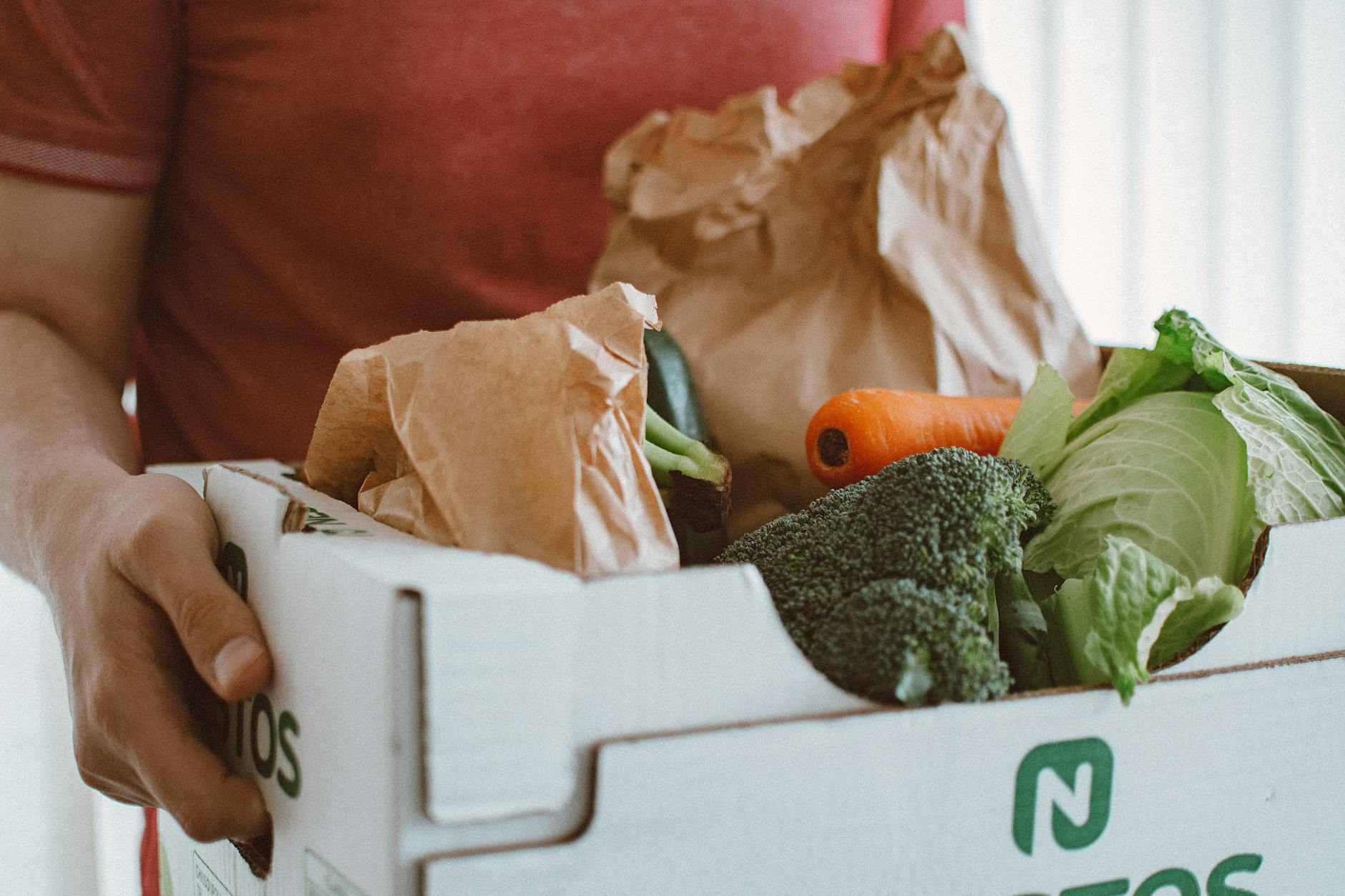 Person holding grocery bags at front door after delivery