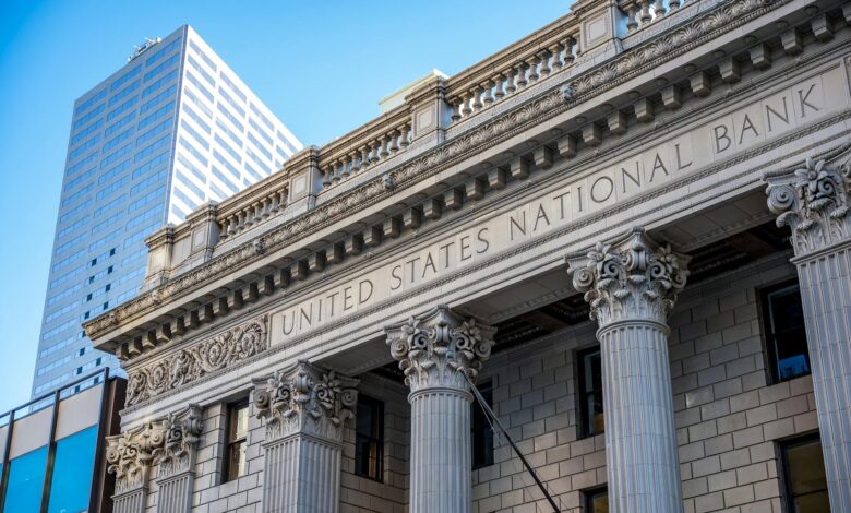 Modern bank headquarters building representing traditional financial institutions