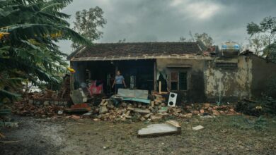 Damaged house with fallen tree and debris from severe storm showing insurance claim scenario