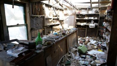 Empty building in small rural town showing signs of abandonment and decline