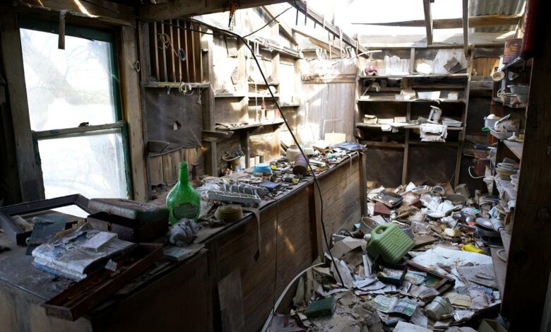 Empty building in small rural town showing signs of abandonment and decline