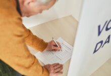 Voters casting ballots in private voting booths during election