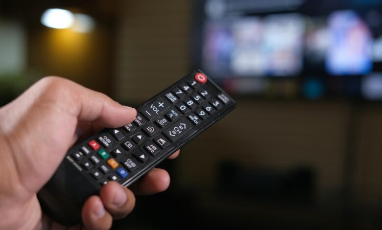 Hand holding TV remote with multiple streaming service options displayed on screen