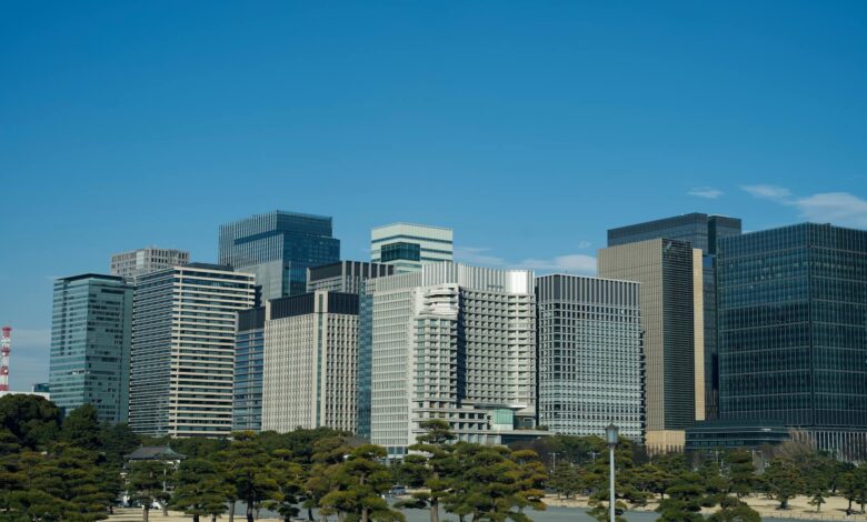 Modern office buildings and skyscrapers representing corporate headquarters and business districts