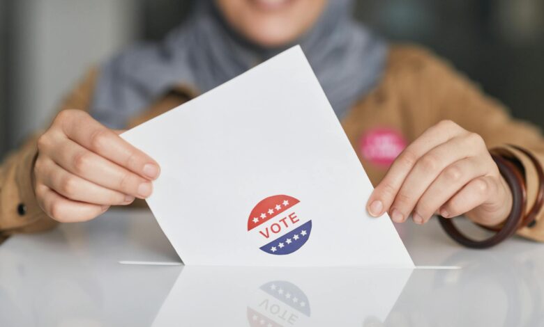 Close-up view of voting ballot with multiple candidate options and ranking system