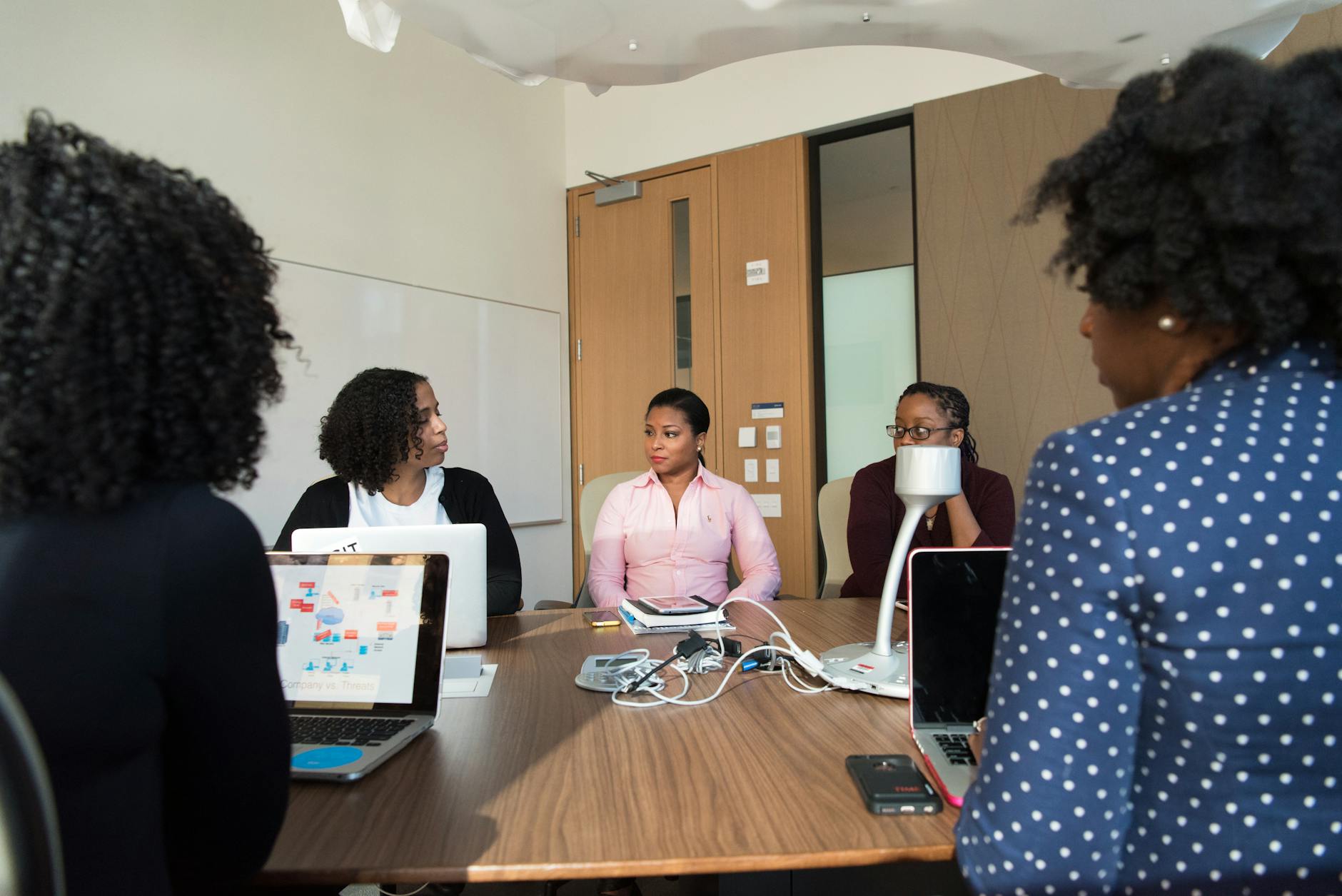 Business professionals in modern office meeting room discussing workplace policies