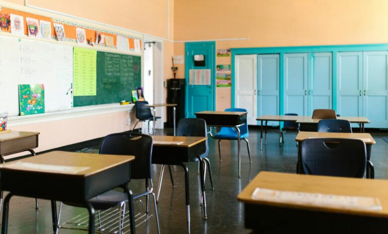Empty classroom with rows of wooden desks and chairs, representing declining private school enrollment