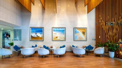 Modern hotel lobby with comfortable seating and professional reception area