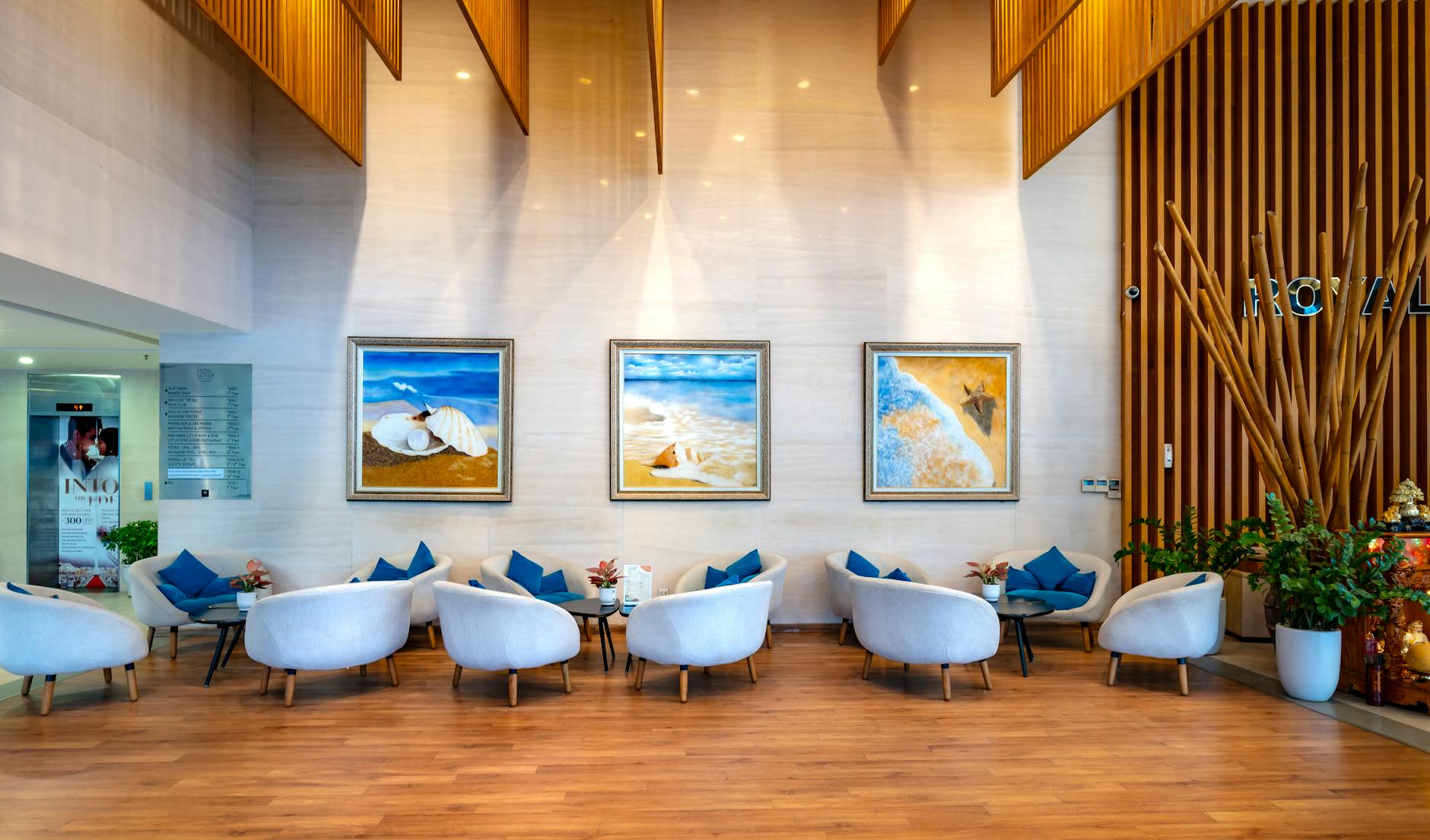Modern hotel lobby with comfortable seating and professional reception area