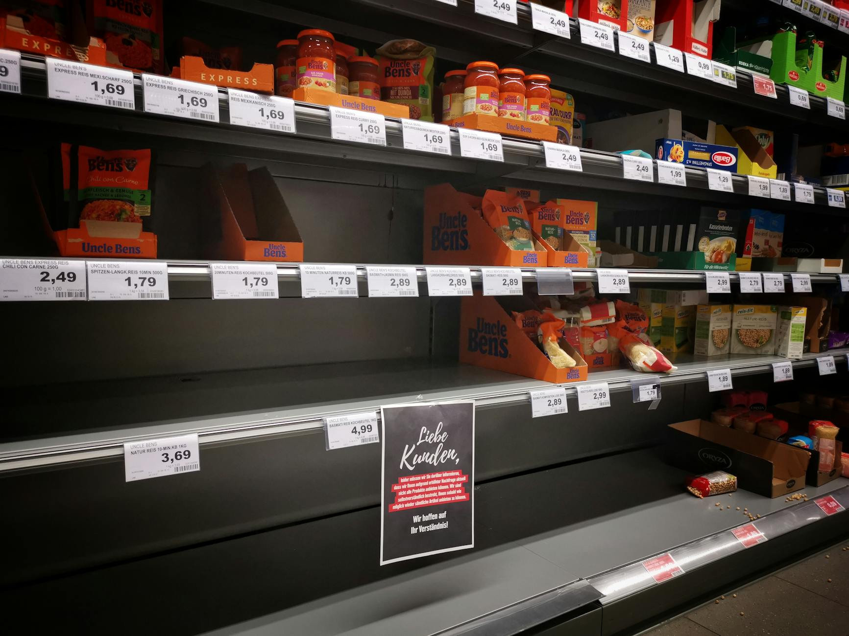 Well-stocked grocery store aisles with various products displayed on shelves