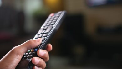 Person holding television remote control with streaming service logos on screen