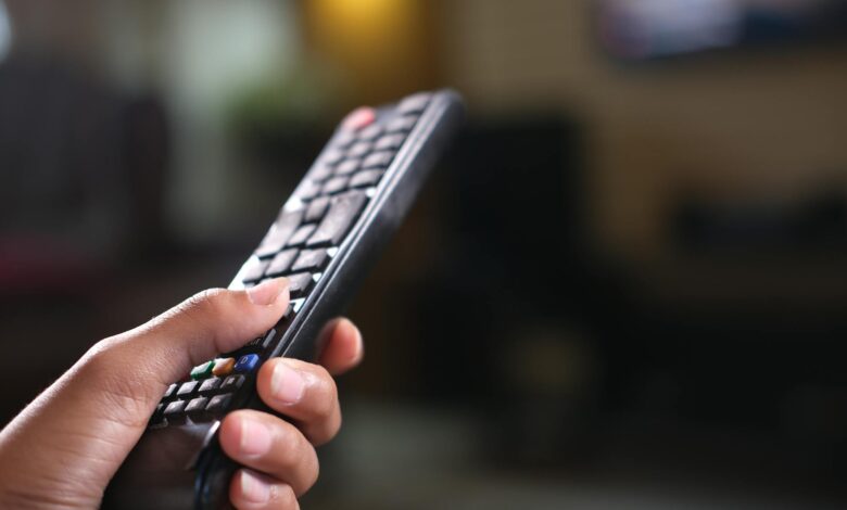 Person holding television remote control with streaming service logos on screen
