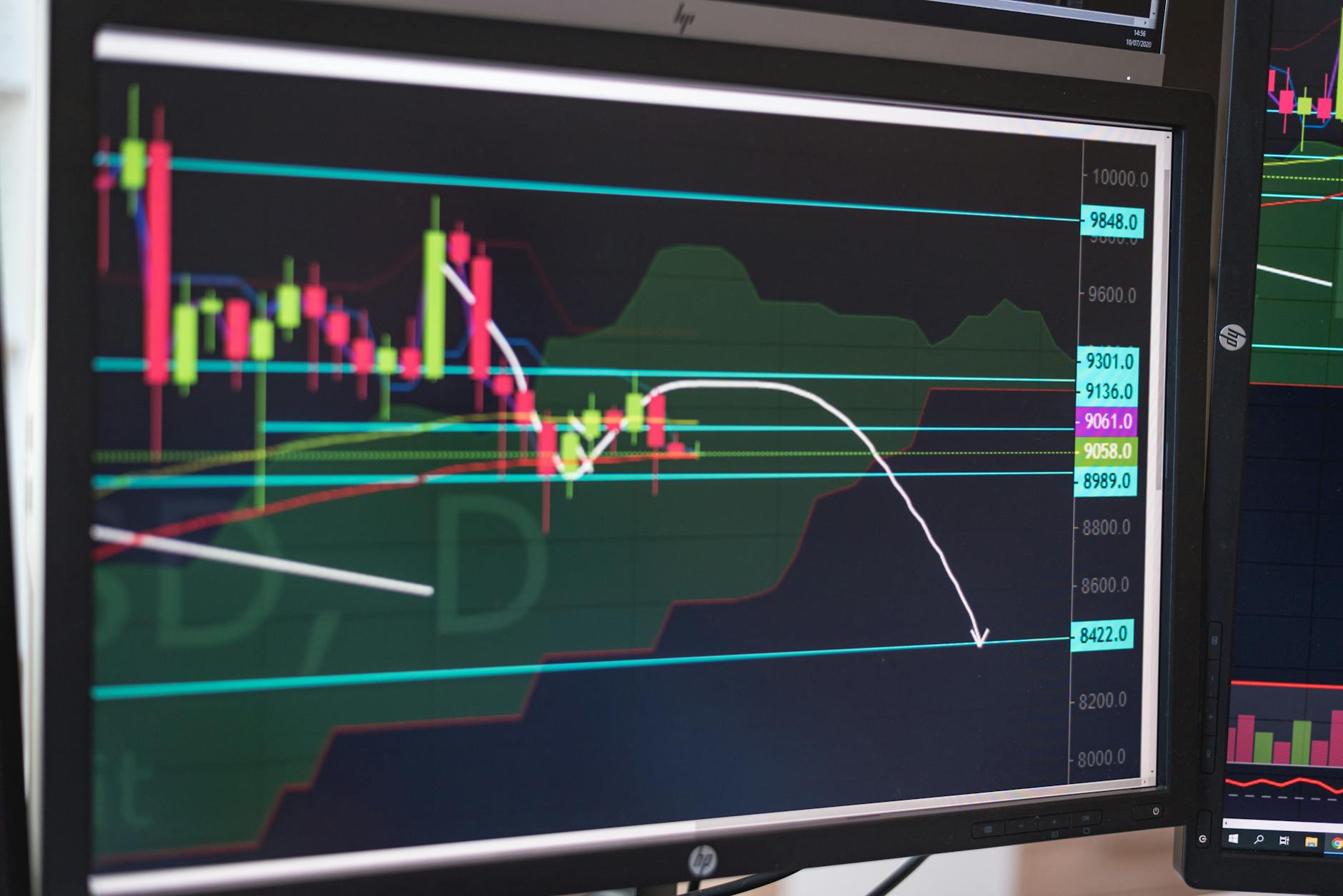 Multiple computer monitors displaying financial trading data and cryptocurrency charts