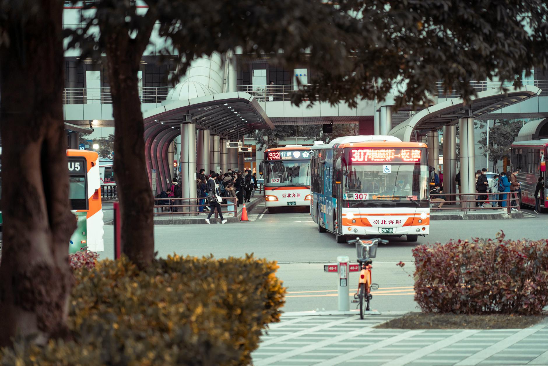Urban bus station platform with modern coaches and passenger boarding area  
