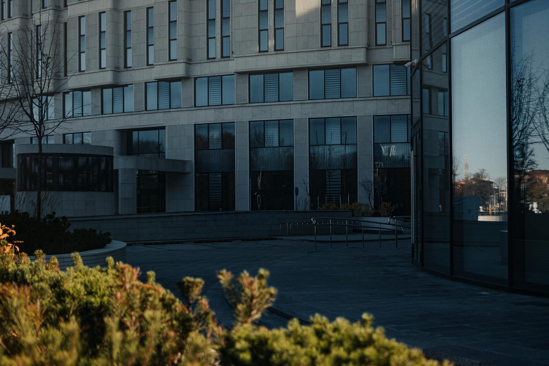 Modern corporate office building exterior representing major companies and business headquarters