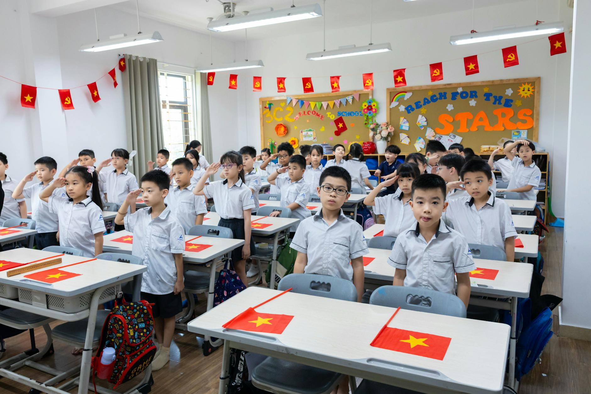 American flag displayed in a school classroom setting