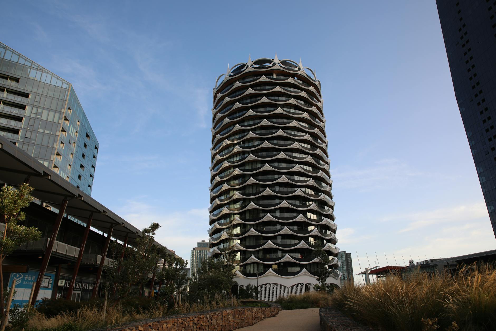 Modern mixed-use commercial development combining retail, office, and residential spaces in one complex