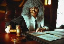 Judge's gavel on wooden desk in courtroom setting