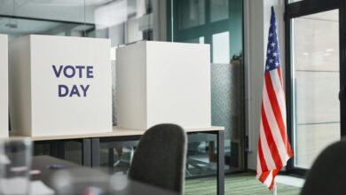 Person casting ballot in voting booth during election