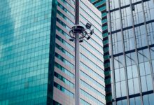 Modern office building with security checkpoint and access controls
