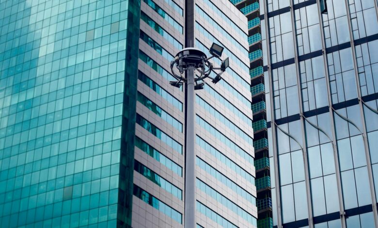 Modern office building with security checkpoint and access controls