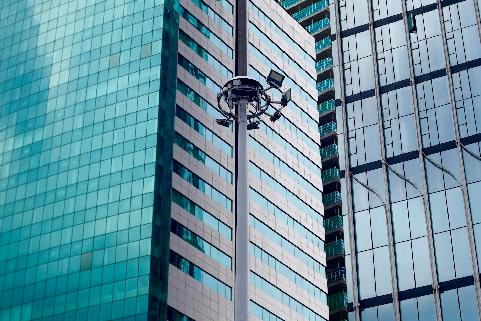 Modern office building with security checkpoint and access controls