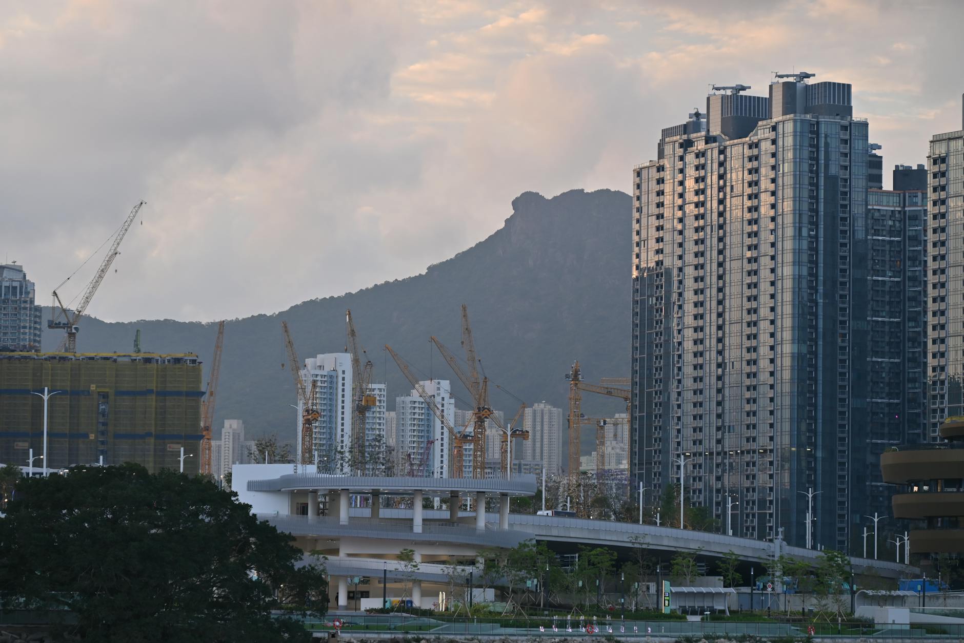 Downtown commercial district skyline with office towers and mixed-use buildings