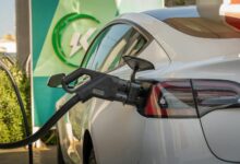 Electric vehicle charging station at a commercial fuel stop location