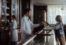 Independent pharmacist standing behind a prescription counter in a small community pharmacy