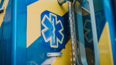 An ambulance parked outside a regional emergency services station