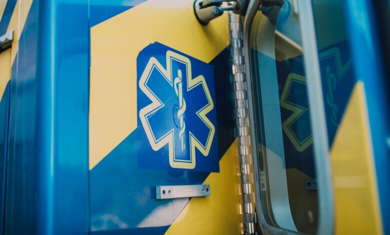 An ambulance parked outside a regional emergency services station