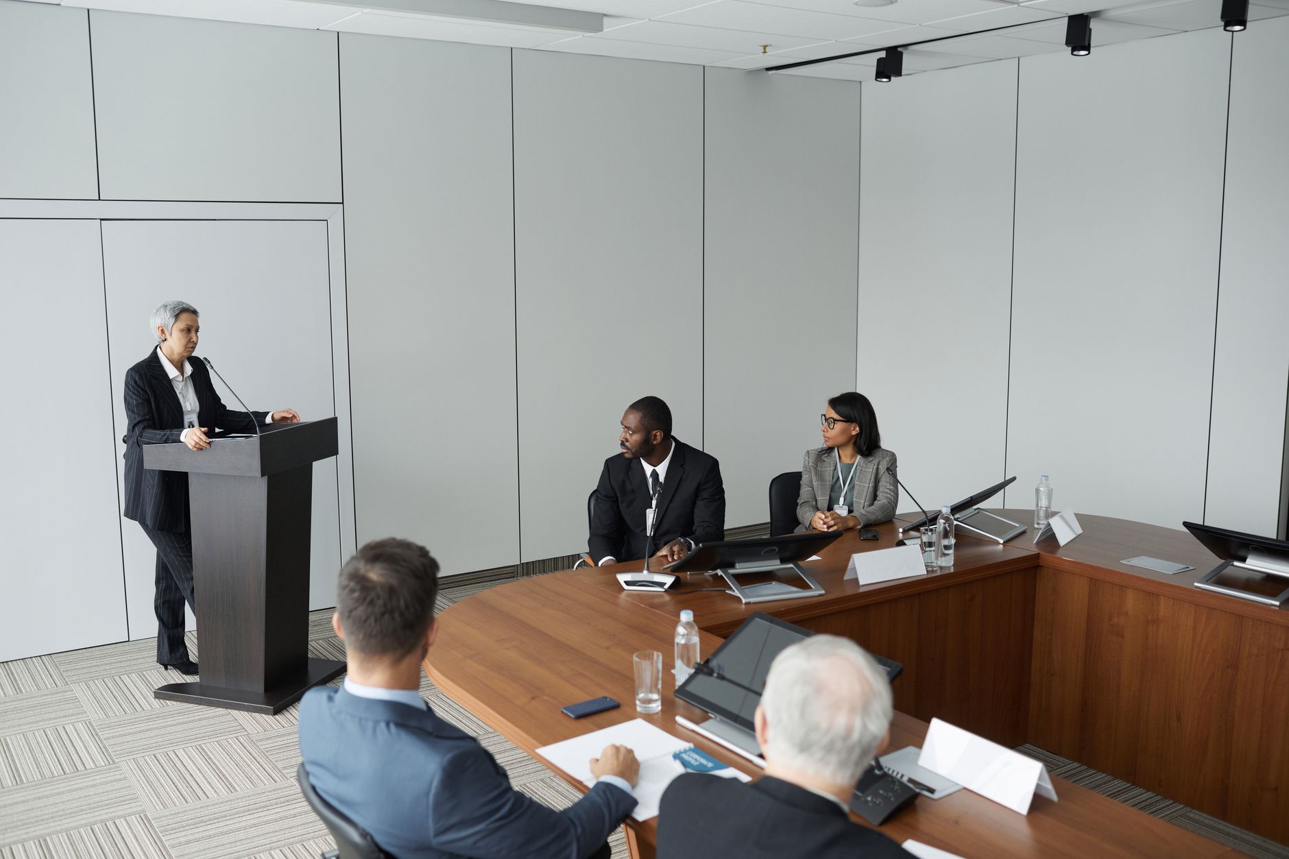 Medical administrators meeting in a hospital conference room