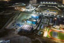 Aerial view of a commercial construction site with cranes and building frames