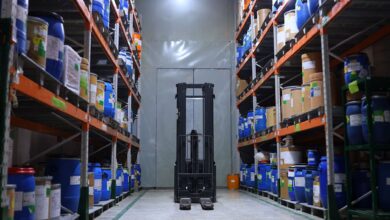 Interior of a medical supply warehouse with shelving units stocked with healthcare equipment and supplies