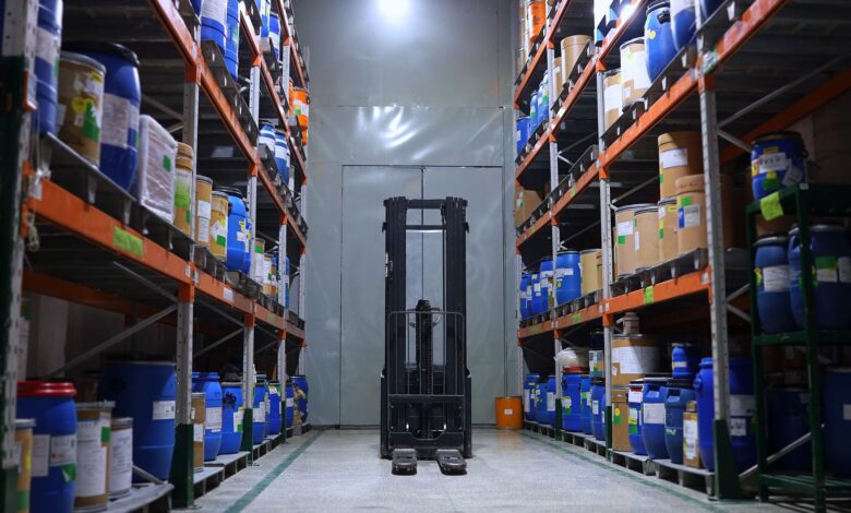 Interior of a medical supply warehouse with shelving units stocked with healthcare equipment and supplies