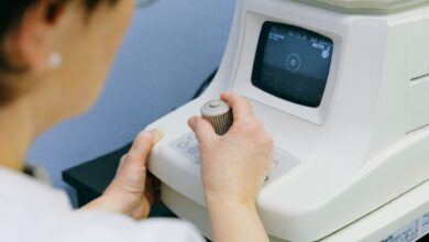 Patient receiving an eye examination at an ophthalmology clinic