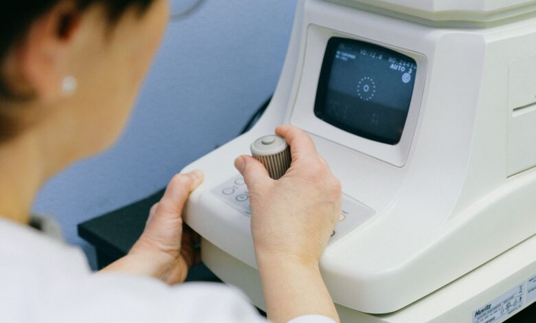 Patient receiving an eye examination at an ophthalmology clinic