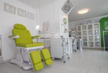 Interior of a regional pain management clinic waiting room with medical equipment visible