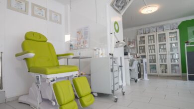 Interior of a regional pain management clinic waiting room with medical equipment visible