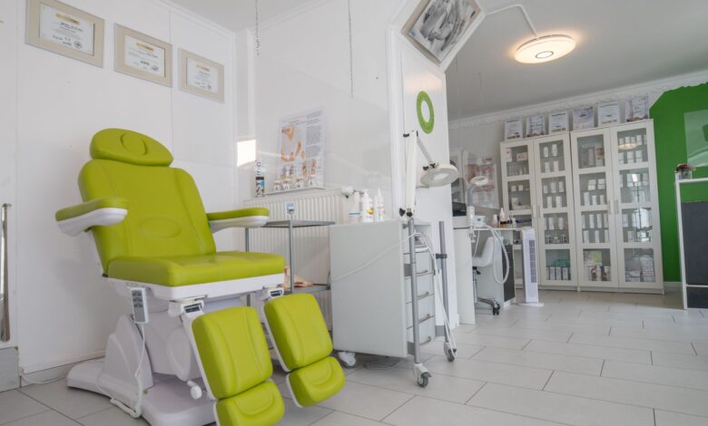 Interior of a regional pain management clinic waiting room with medical equipment visible