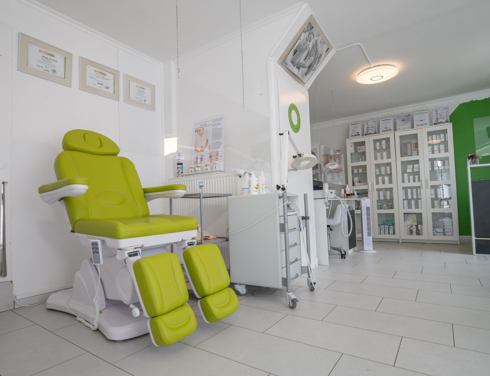 Interior of a regional pain management clinic waiting room with medical equipment visible