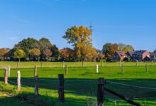 A wide rural farmland property with open fields and a distant treeline