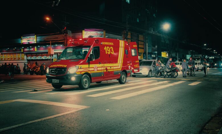 An ambulance parked on a city street representing emergency medical services