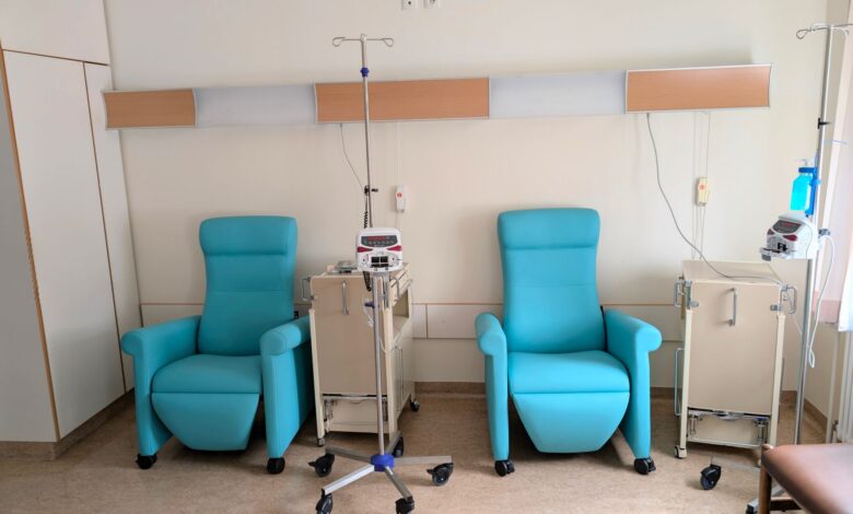 Interior of a clinical occupational therapy practice with treatment tables and equipment