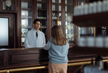 Interior of an independent compounding pharmacy with prescription bottles and lab equipment