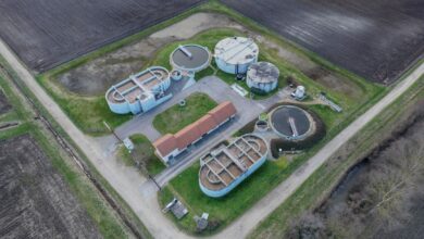 Aerial view of a municipal water treatment facility with filtration tanks