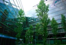 Environmental consultants reviewing compliance documents in a professional office setting
